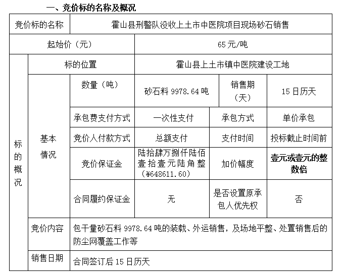 DBSXS-2020-001霍山縣刑警隊沒收上土市中醫(yī)院項目現(xiàn)場砂石銷售競價公告