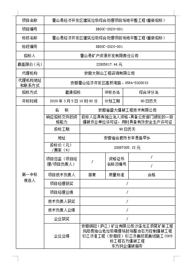 DBSGC-2020-001霍山縣經(jīng)濟(jì)開(kāi)發(fā)區(qū)建筑垃圾綜合處理項(xiàng)目場(chǎng)地平整工程(重新招標(biāo)）中標(biāo)候選人公示