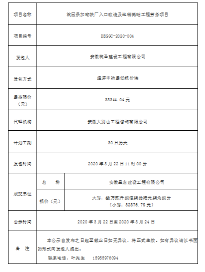 DBSGC-2020-004筑園景加砌塊廠入口改造及地磅基礎(chǔ)工程勞務(wù)項目成交公告