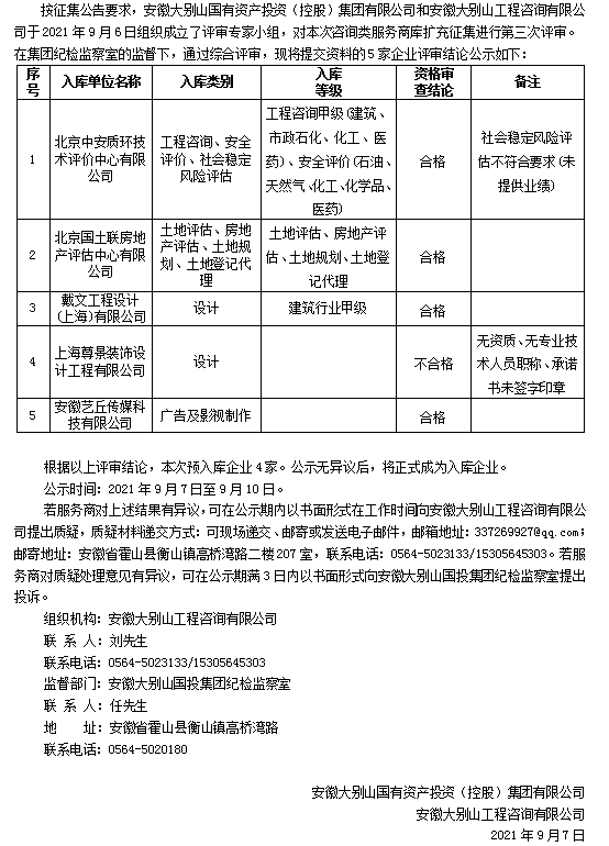 DBSCG-2021-091 安徽大別山國投集團(tuán)咨詢企業(yè)庫擴(kuò)充征集咨詢類服務(wù)商庫入選名單公示(三)