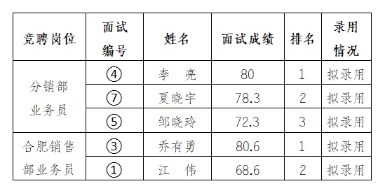 安徽大別山鄉(xiāng)村振興產(chǎn)業(yè)發(fā)展有限公司招聘臨時(shí)工作人員擬錄用公示