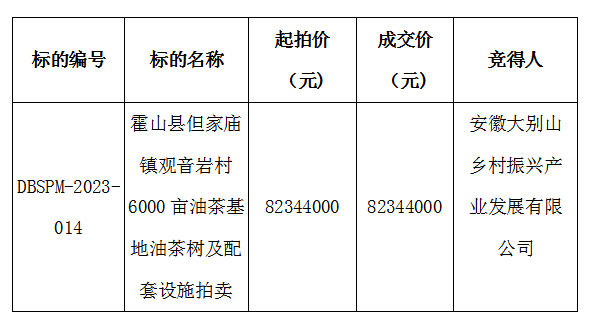 DBSPM-2023-014 霍山縣但家廟鎮(zhèn)觀音巖村6000畝油茶基地油茶樹及配套設施拍賣成交公示